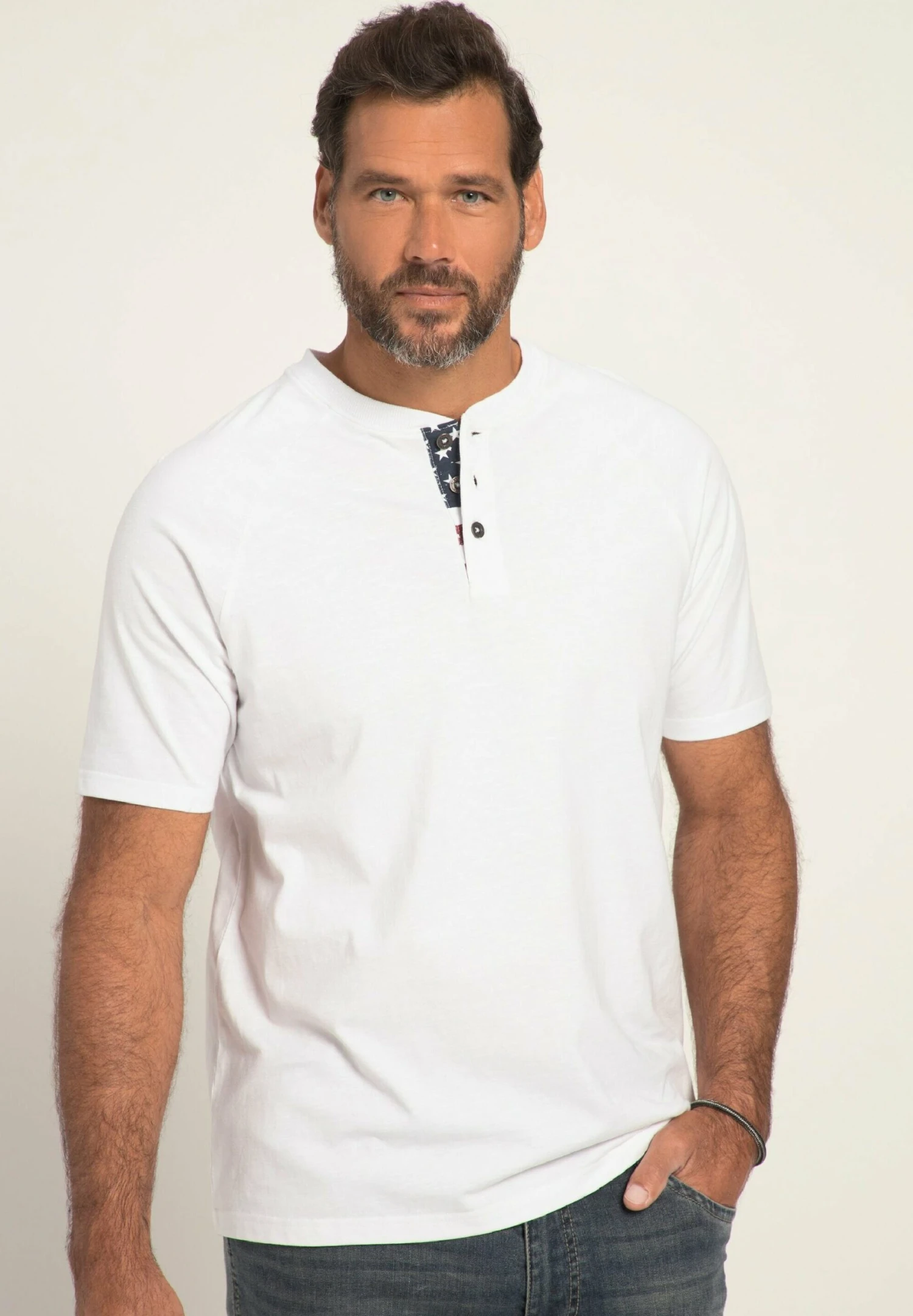 JP1880 Henley Halbarm Rundhals Knopfleisten Print - T-Shirt Basic - Schneeweiß 1 JP1880 Henley Halbarm Rundhals Knopfleisten Print - T-Shirt Basic - Schneeweiß